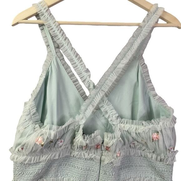 Mac Duggal Tiered Ruffle Cross-Back Smock-Waist Floral Embroidered Gown - Picture 8 of 12